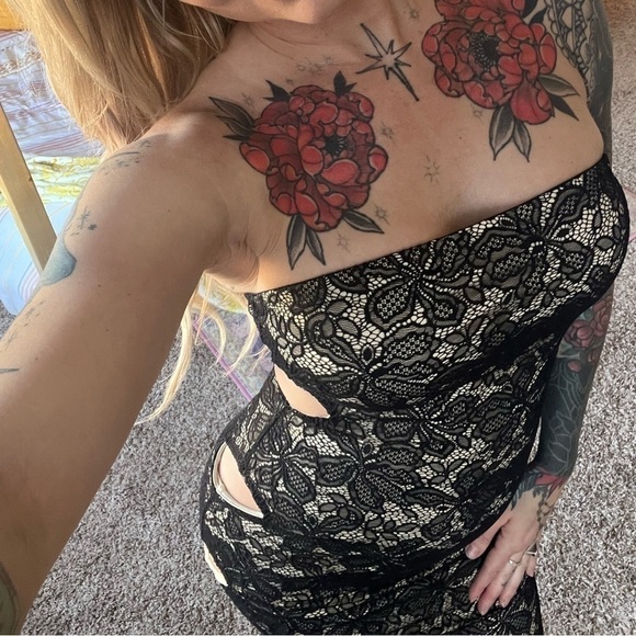 NBD/ Revolve/ Black and Nude Lace Strappless Bodycon Dress - Picture 9 of 9